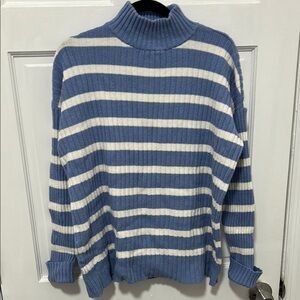 LOFT Blue and White Striped Turtleneck Sweater